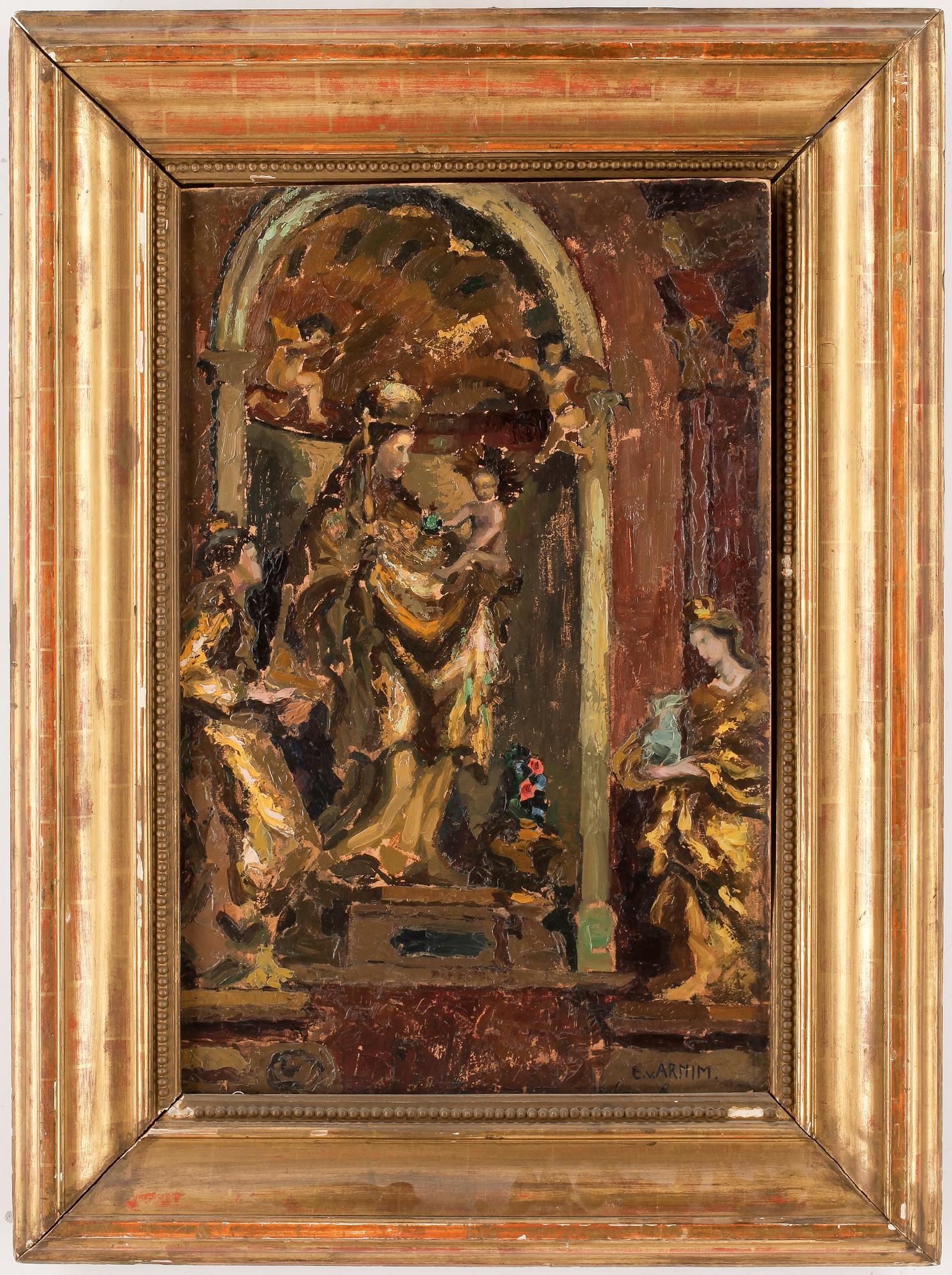 OKÄND KONSTNÄR, olja på pappannå, signerad E. v. Armin, 1900-tal.