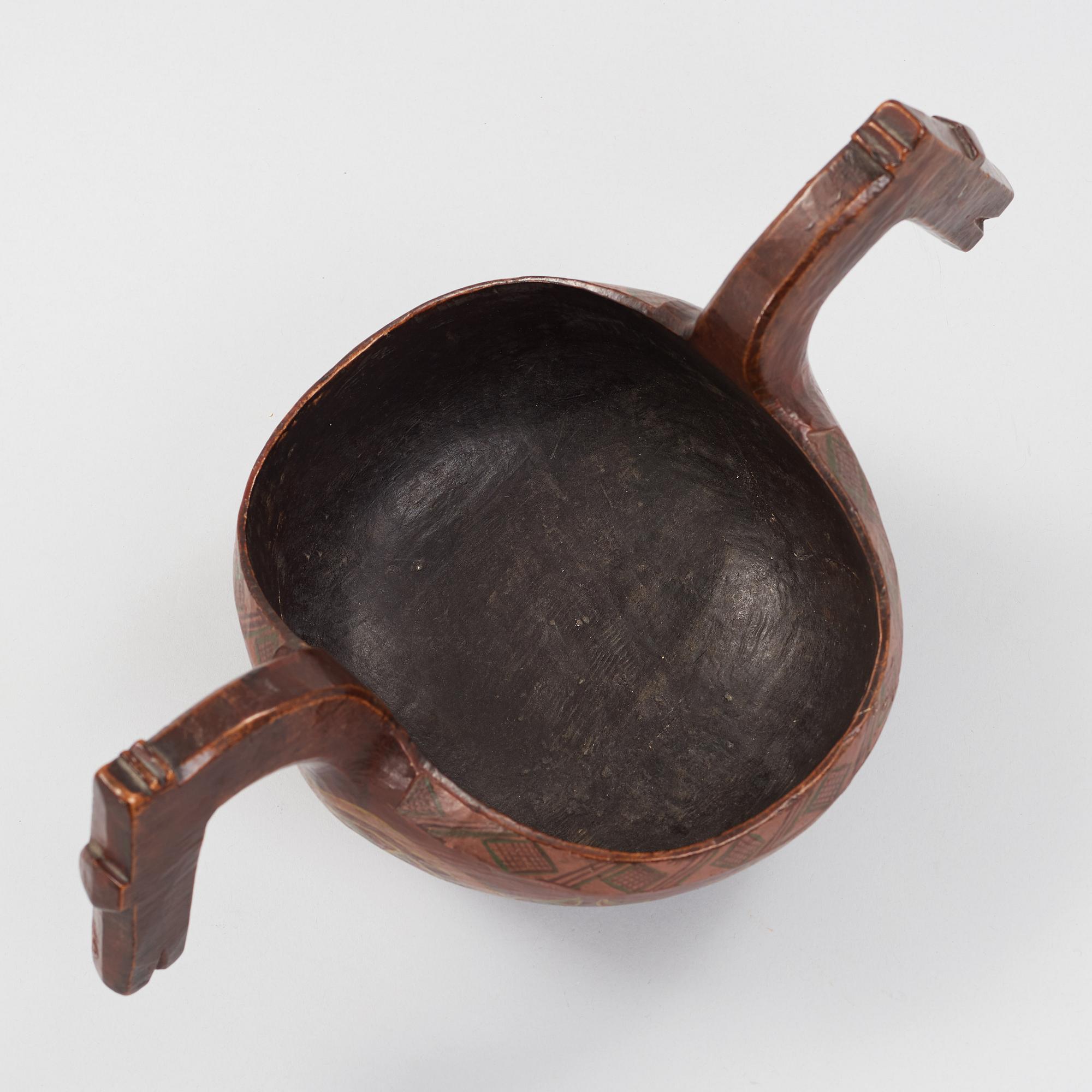 A Norwegian 19th century "Kjenge" painted carved wood ale cup bowl.