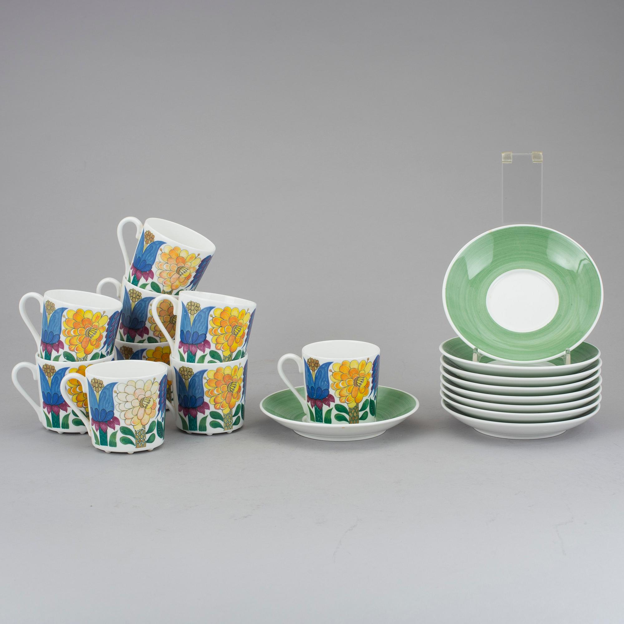 STIG LINDBERG, Gustavsberg "Tahiti". Kaffekoppar med fat, 9 st. 1970-tal.