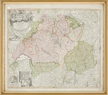 Johann Baptist Homann · JOHAN BAPTISTA HOMANN, karta, gravyr, "Helvetiourum", 1700-tal.