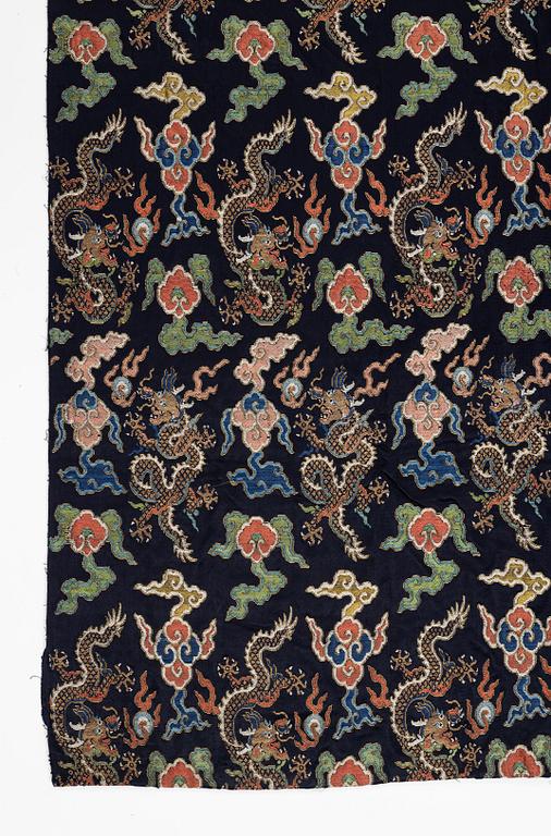 A set of three bolts of silk with 'five clawed dragons' against a midnight blue ground, Qing dynasty, 19th century.