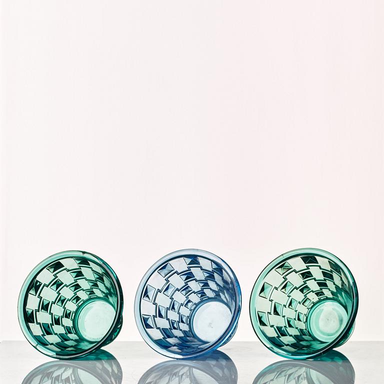 Simon Gate, a set of three pressed glass vases, Orrefors 1930.