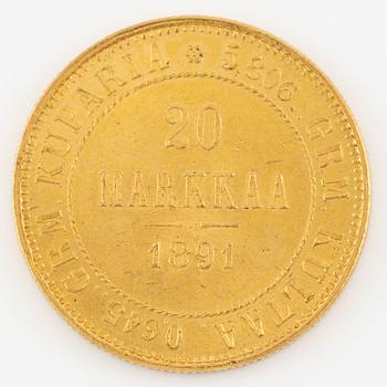 Guldmynt Finland, 20 Markkaa, 1891.