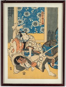 UTAGAWA KUNISADA (TOYOKUNI III) (1786–1864), färgträsnitt, tre stycken. Japan, 1800-tal.