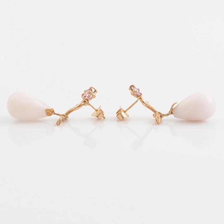 Earrings with drop-shaped pink opals, pink tourmalines, and small diamonds.