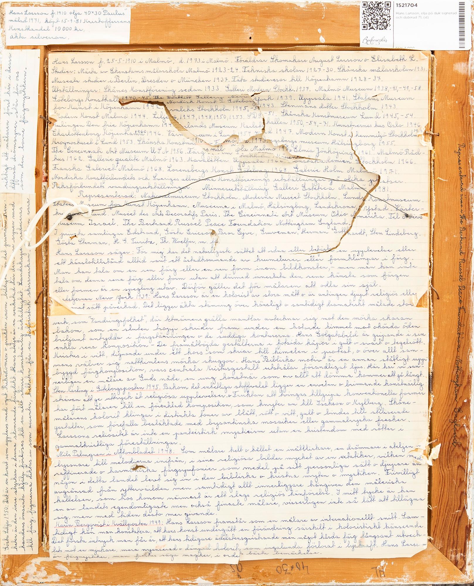 Hans Larsson, olja på duk signerad och daterad 71.