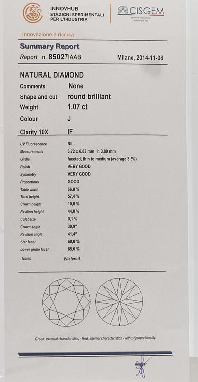 RING, 18K vitguld med briljantslipad diamant 1.07 ct samt små briljantsliapde diamanter 0.28 ct. Vikt 3.3 gram.