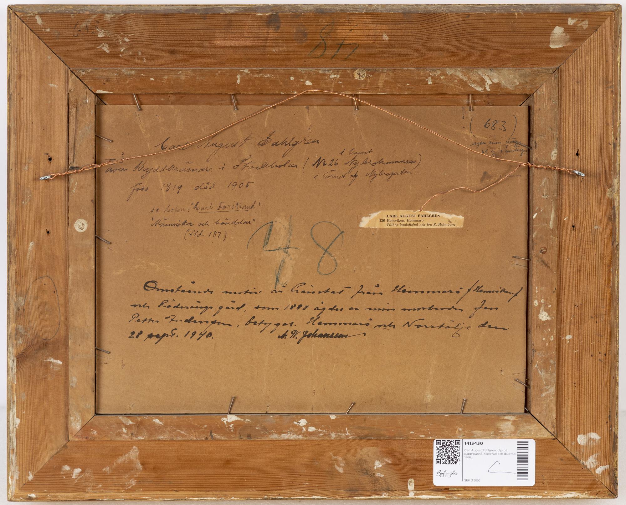 Carl August Fahlgren, olja på papp-pannå, signerad och daterad 1866.