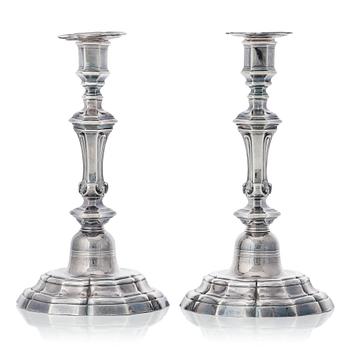 186. A pair of French Louis XV silver candlesticks, marked Marseille 1765.