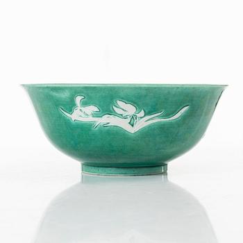 A Chinese green glazed 'three friends of winter' bowl, Republic, 20th century.