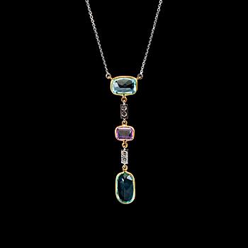 82. A NECKLACE, 8/8 cut diamonds, tourmaline, aquamarines.