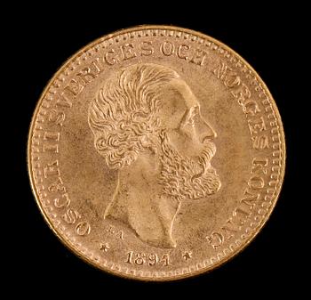 GULDMYNT,10 kronor, Oscar II, 1894.  Vikt ca 9 gram.