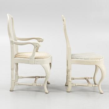 Armchairs, a pair, and chairs, 8 pieces, Rococo style, early 20th century.