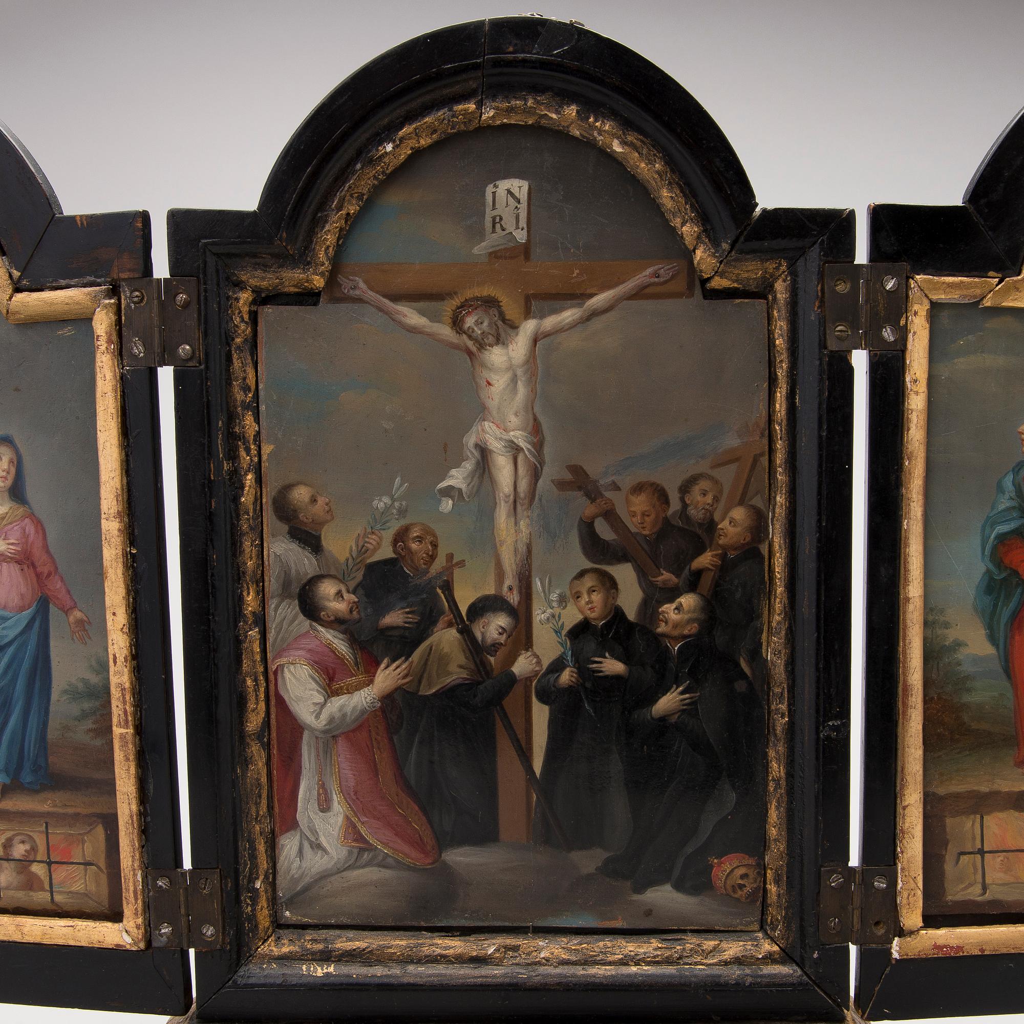ALTARSKÅP, triptyk, målat trä, Flamländsk, 1600-1700-tal.