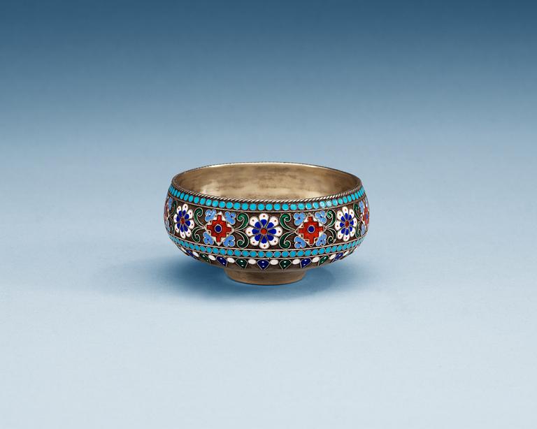 A Russian 19th century silver and enamel bowl, makers mark of Pavel Ovchinnikov, Moscow 1891. Imperial Warrant.