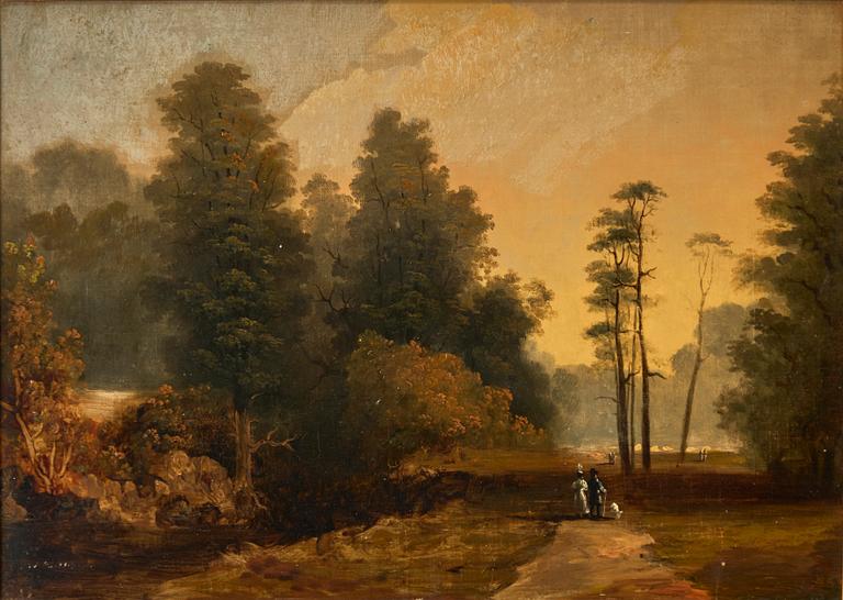 French school, early 19th century, Park landscape with strolling couples.