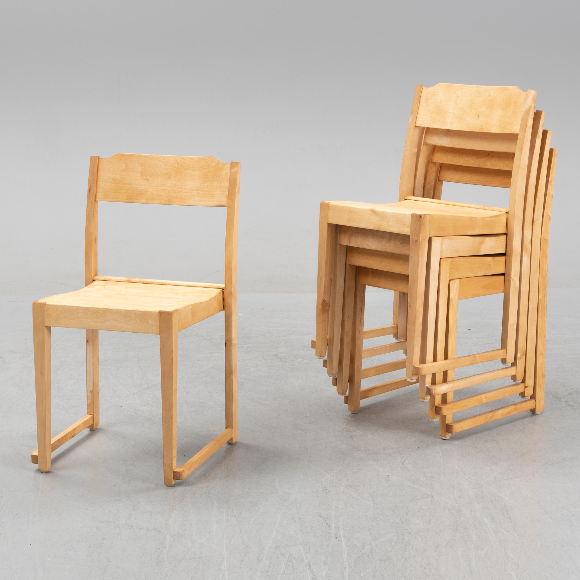 A set of five stackable birch chairs, mid 20th Century.