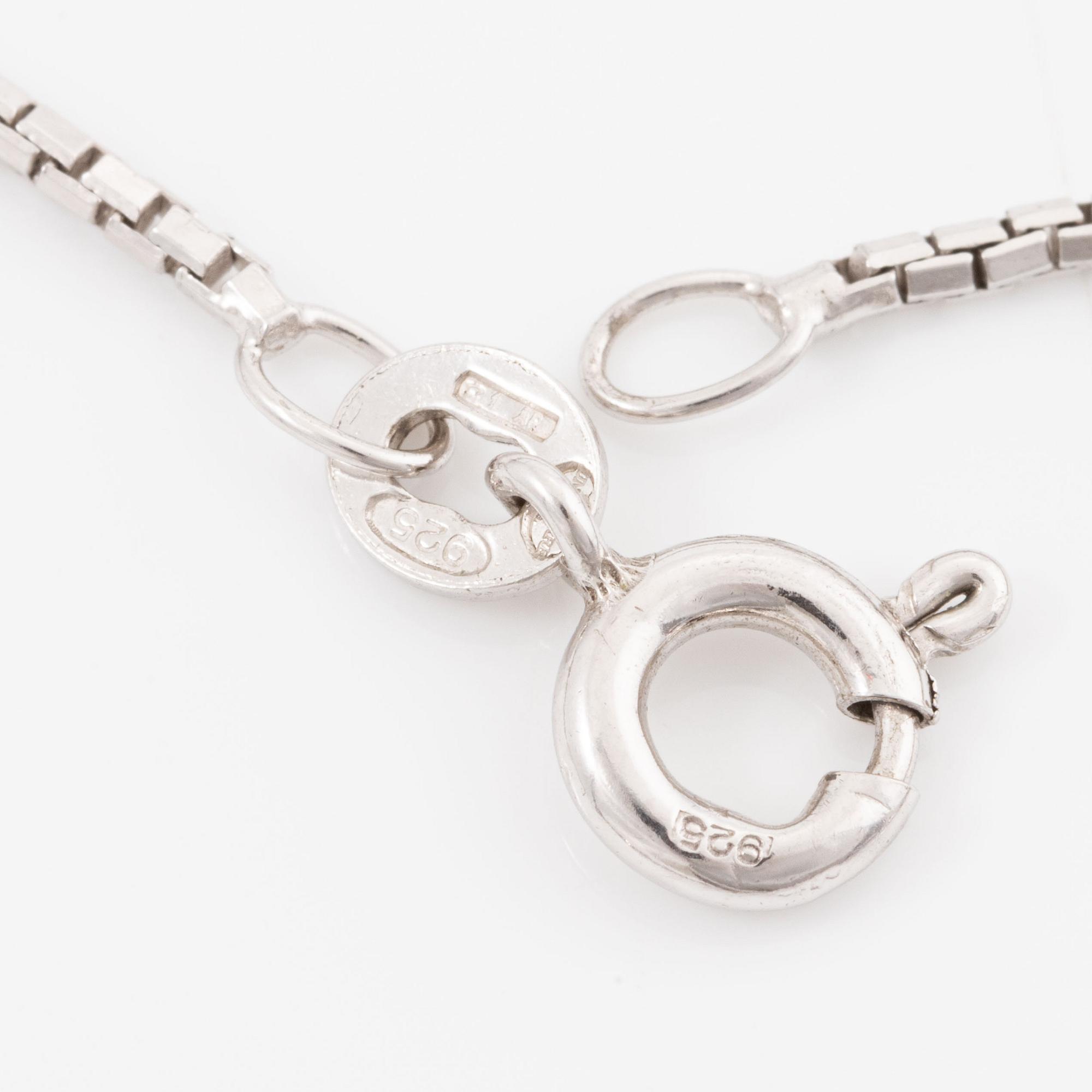 Earrings, a pair and a pendant with chain, silver.
