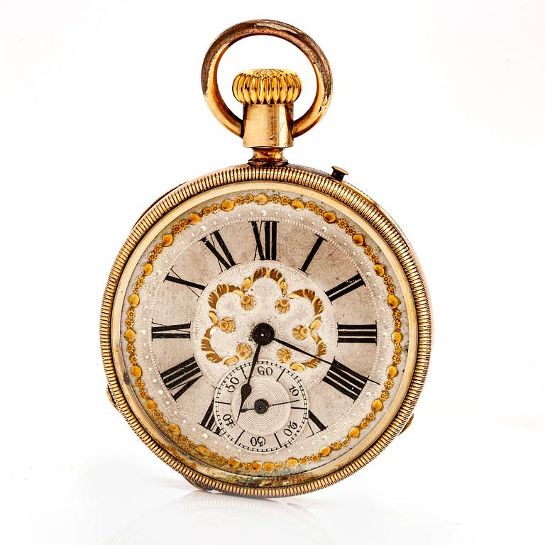 A mid 1800s gilded bronze pocket watch stand and pocket watch.