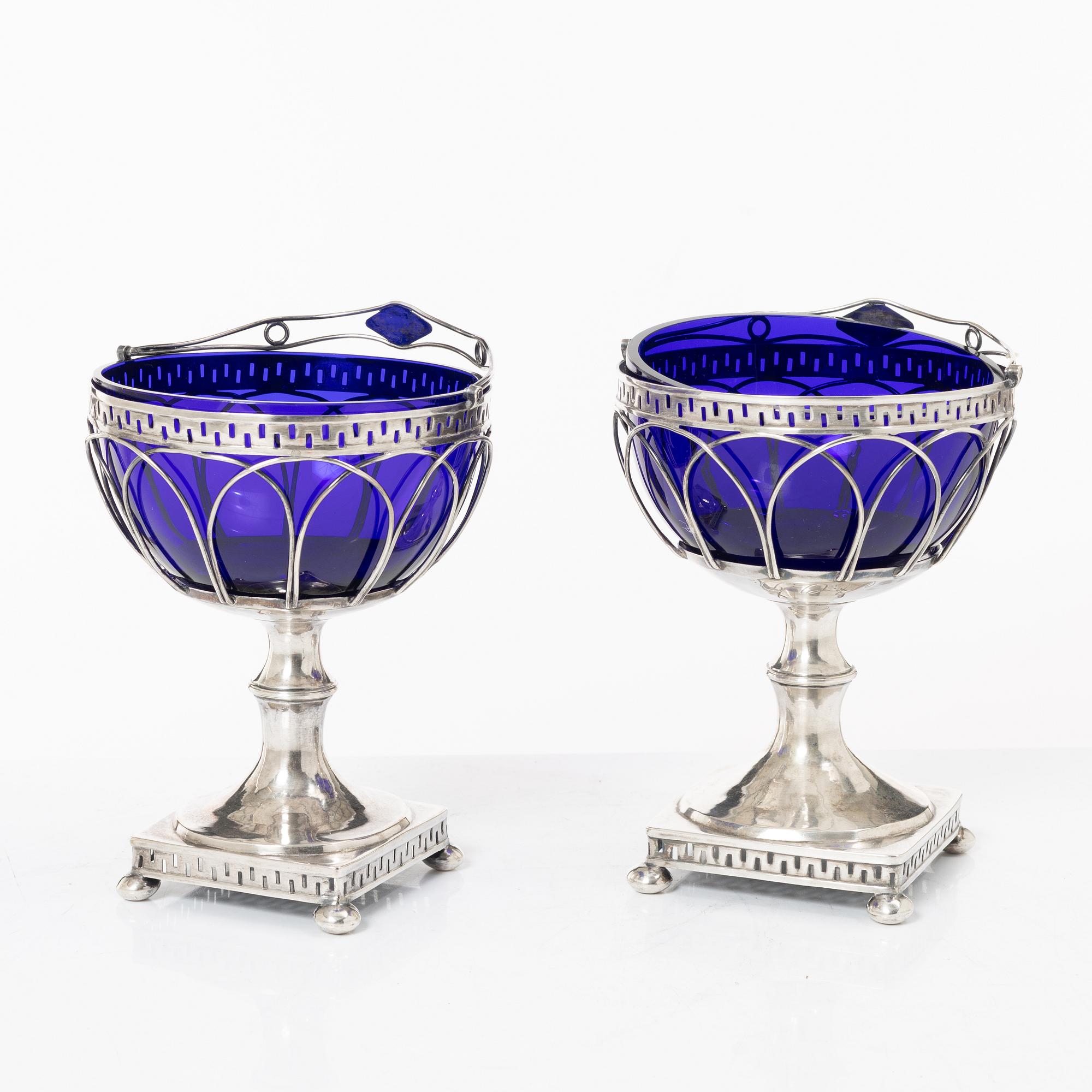 Fredrik Nymansson, a pair of confectionery bowls in silver and blue glass, Kristinehamn, Sweden, 1817.