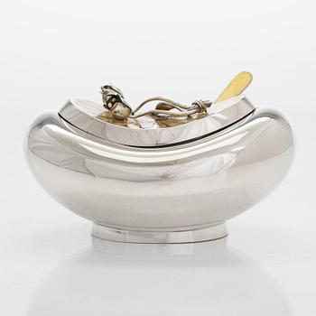 Sugar bowl and spoon, silver and enamel, the bowl by Anita Sarlin. Tillander, Helsinki, 1950.