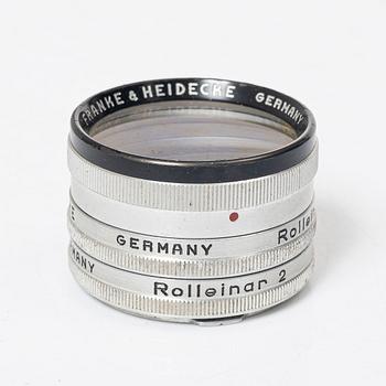 Mellanformatskamera, Rolleiflex, med väska och tillbehör, Franke & Heidecke, 1900-talets mitt, Tyskland.