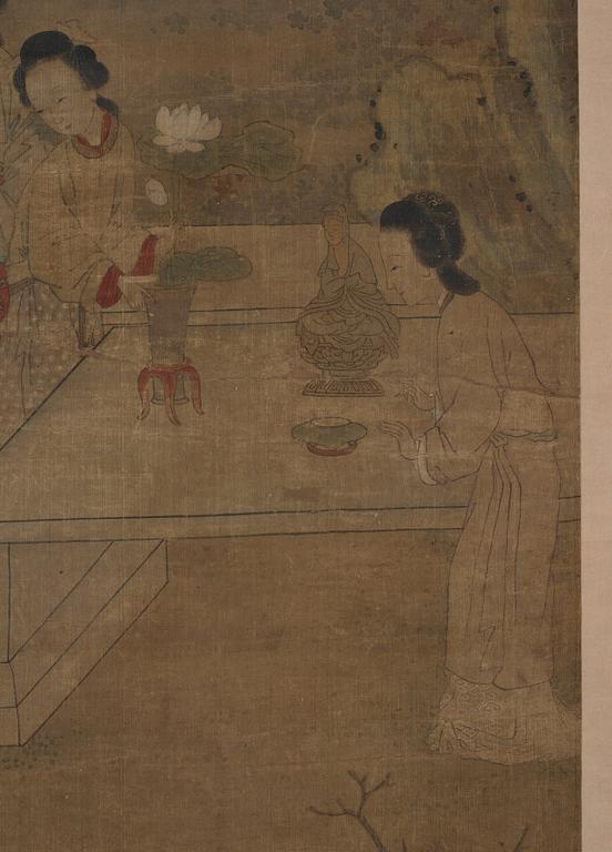 Gu Jianlong In the manner of the artist., Elegant ladies of the court by a table with antiques and precious objects in a garden.