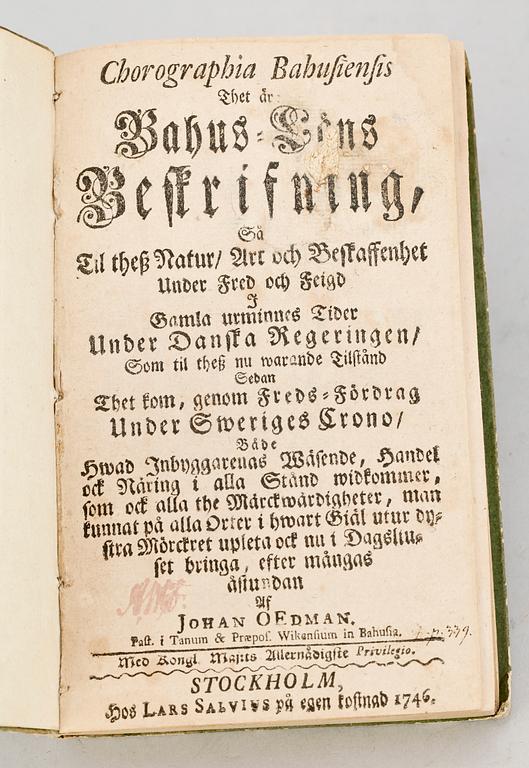 BOK, "Chorographia Bauhusiensis thet är Bahus-Läns Beskrifning..." av Johan Oedman, Stockholm 1746.