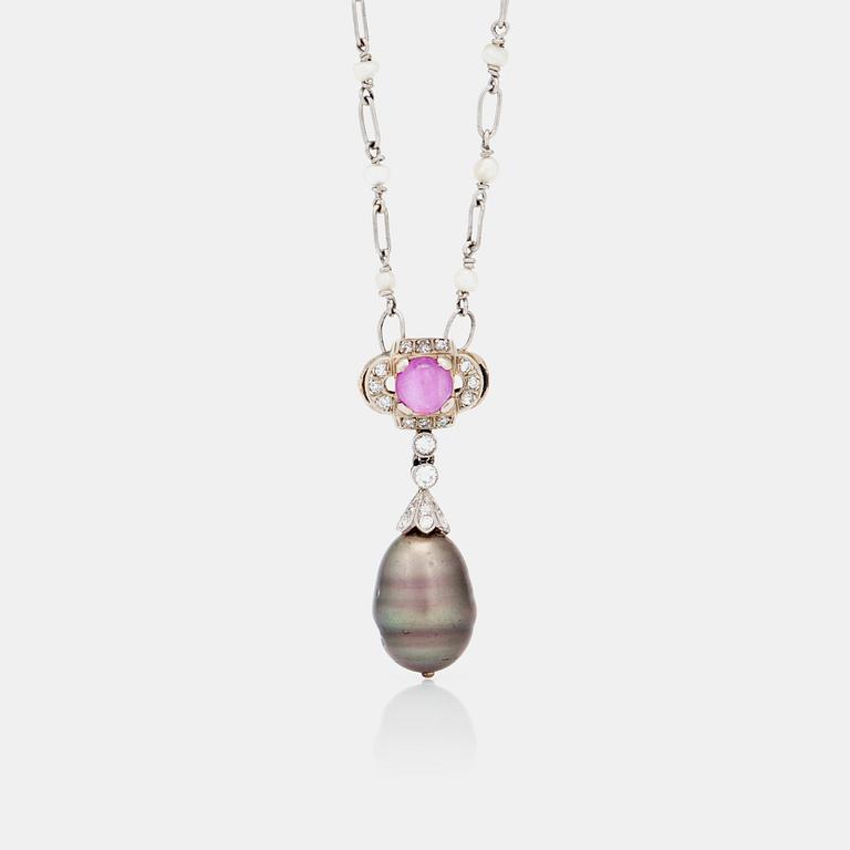 An Art Deco natural saltwater pearl and Burmese pink star sapphire pendant.