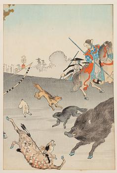Toyohara Chikanobu, "The Front of Chiyoda Palace - Chiyoda no On-omote - Hunting at Kokinbara".