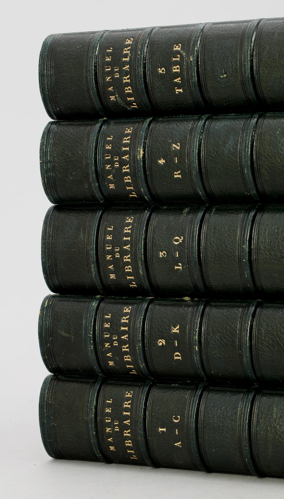 BIBLIOGRAFI, vol I-V, "Manuel du Libraire et de L´amateur de Livres" av J-C. Brunet, Paris 1842-44.