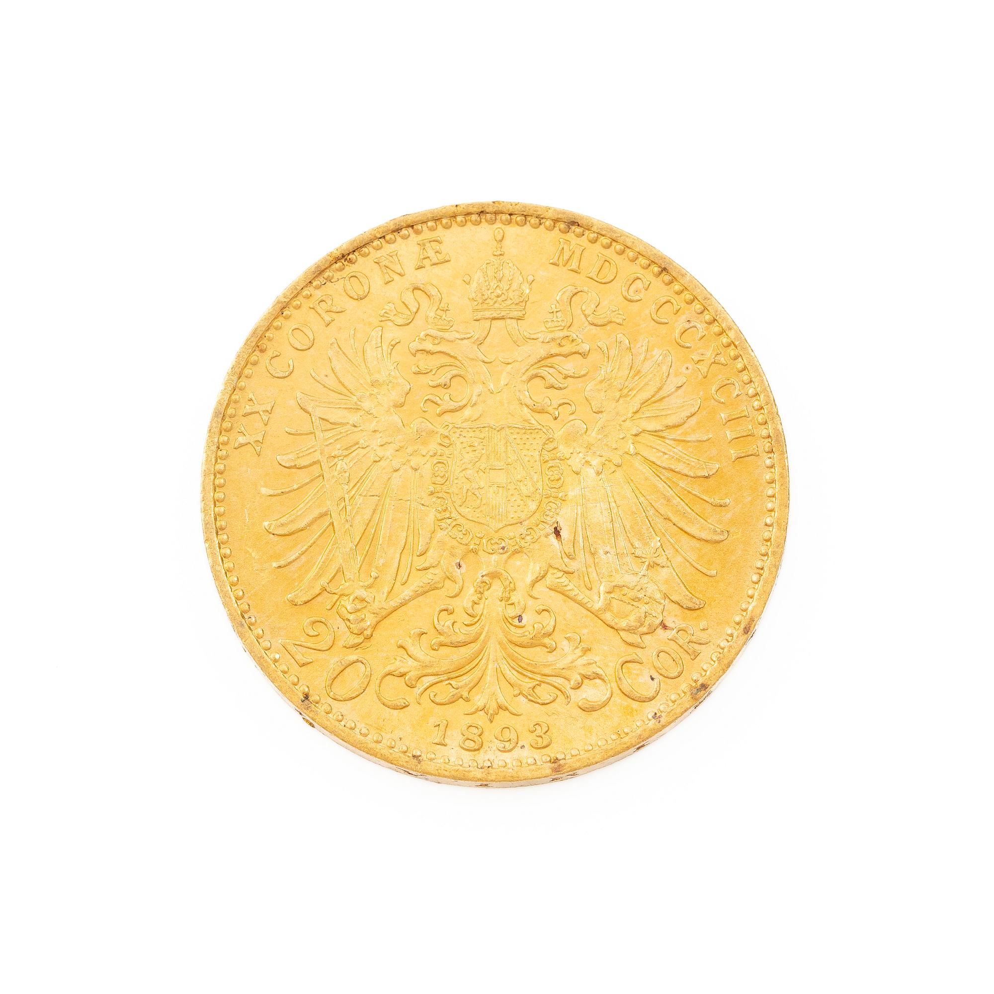 Guldmynt, Österrike-Ungern, 20 Corona, 1893.