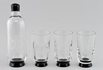KARAFF samt GROGGLAS, 3 st, glas, Orrefors, 1933.