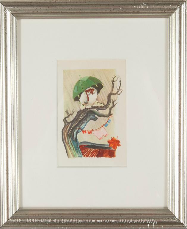 KONSTVYKORT, 7 st, efter Tove Jansson, signerade i trycket, Taidekorttikeskus 1940-tal.