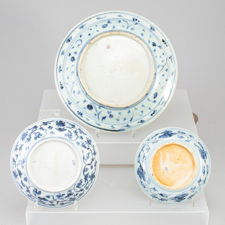 Three blue and white dishes, Ming dynasty, circa Zhengtong, for the South east asian market.