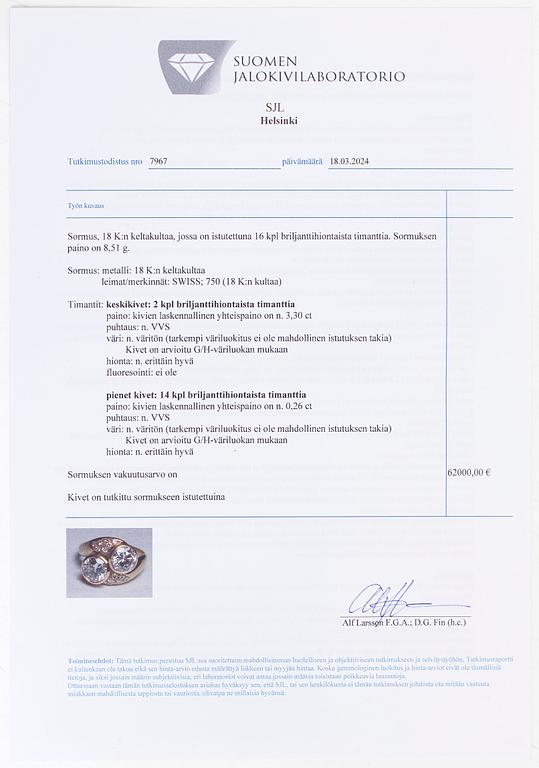 Sormus, 18K kultaa, briljanttihiotut timantit yhteensä noin 3.56 ct. Sveitsi.Todistuksella.