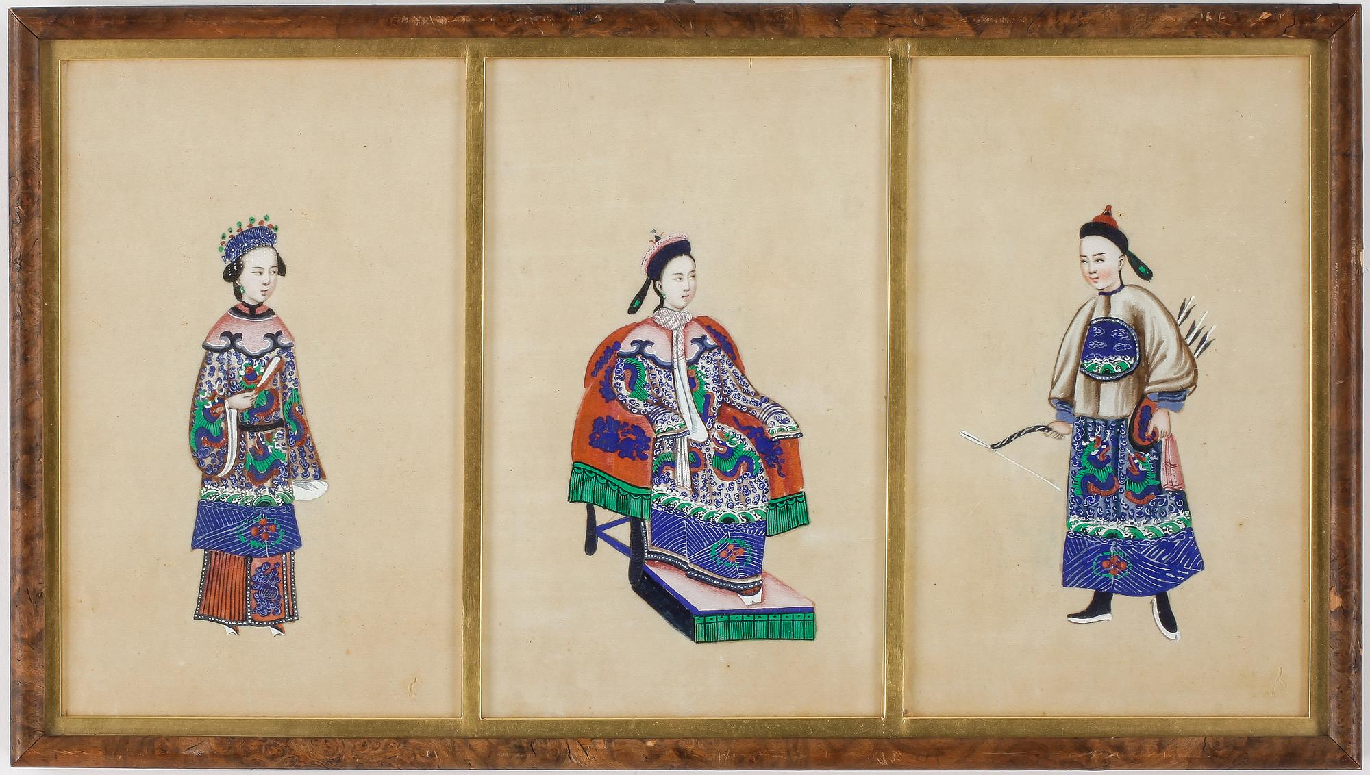 GOUACHER, på rispapper, 3 st, Qing, Kina.