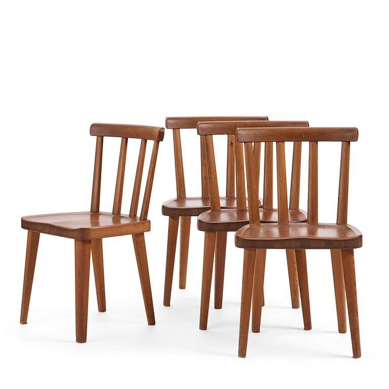 Axel Einar Hjorth, a set of four stained pine "Utö" chairs, Nordiska Kompaniet, Sweden, 1930s.