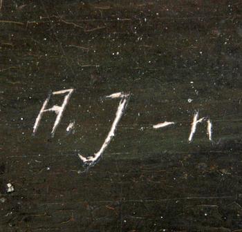 OKÄND KONSTNÄR, olja på pannå. 1800-tal, bär sign A.J-n.