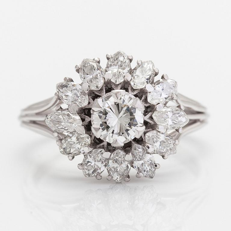 A platinum ring, with brilliant- and marquise cut diamonds totalling approximately 1.74 ct.