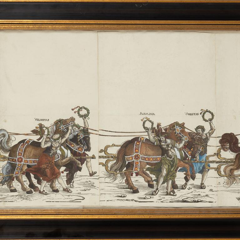 Albrecht Dürer, efter. Träsnitt, 1700/1800-tal med senare handkolorering.