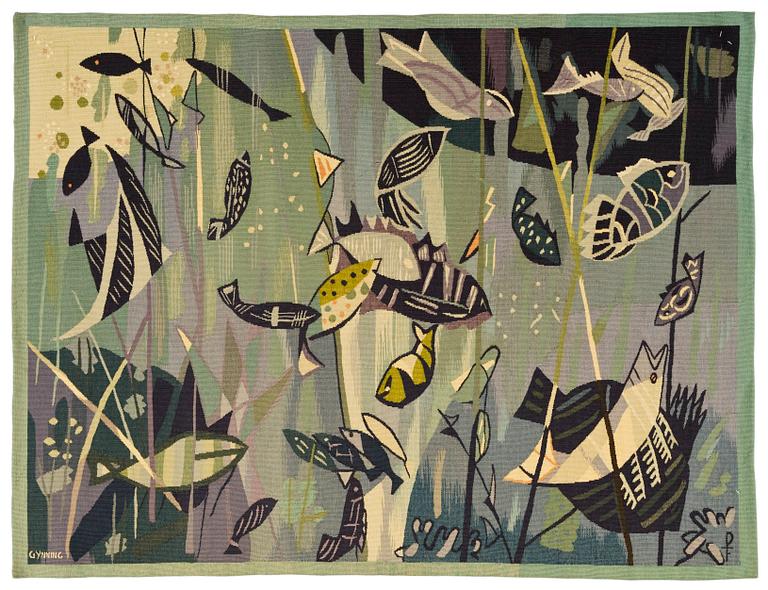 VÄVD TAPET. "Poissons verts" ("Gröna fiskar"). Gobelängteknik. 106 x 139 cm. Signerad GYNNING PF (Lars G., Pinton Frères, Aubusson).
