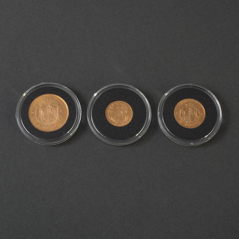 3 Swedish gold coins 19/20th century.