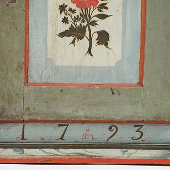 Hängskåp, allmoge, målat av Jöns Månsson, Forsa, Hälsingland, daterat 1793.