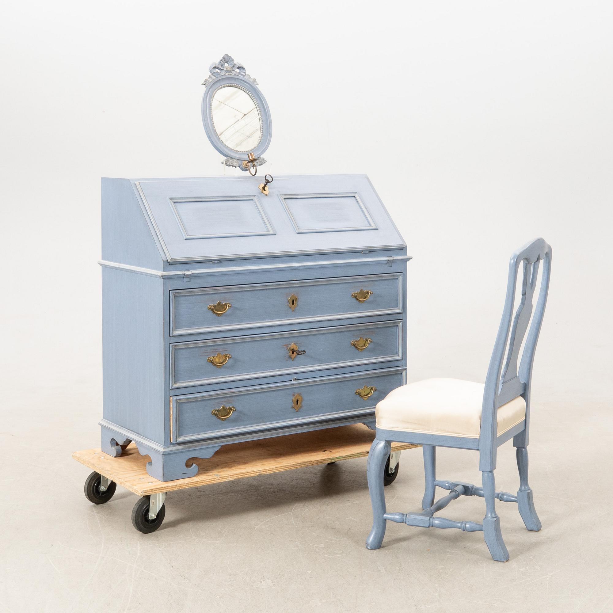 Writing desk as well as a wall-mounted lamp and chair, 18th-century model, KA Roos, Helsingborg, later part of the 20th century.