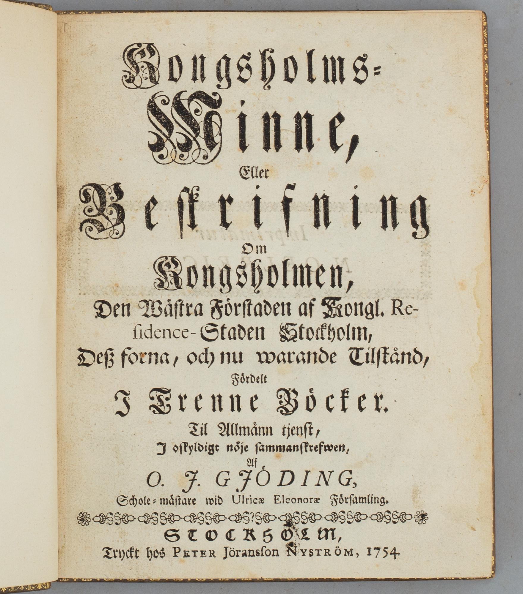 Stockholmiana i hedbergband, med graverad karta, 1754.