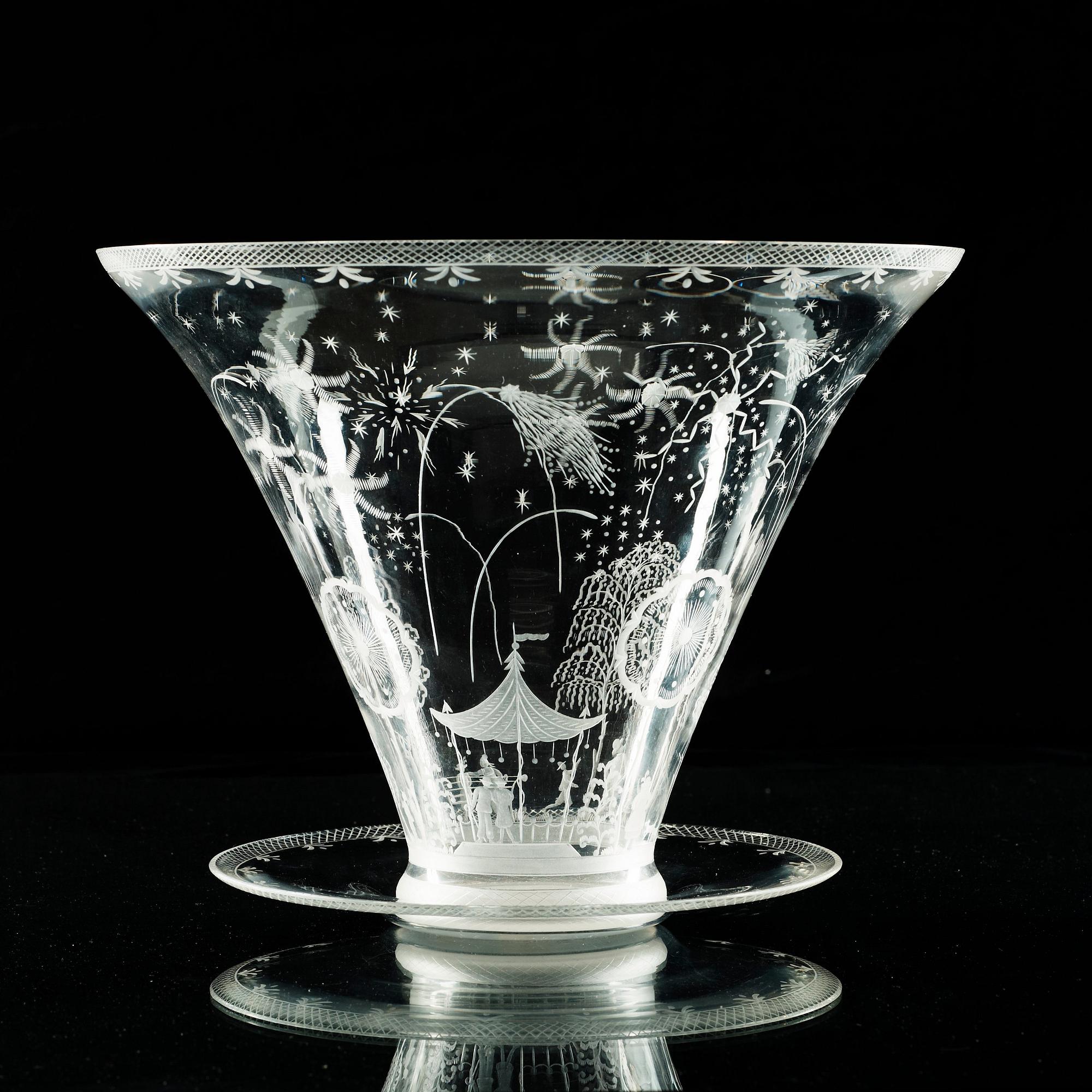 An Edward Hald 'Swedish Grace' engraved bowl and stand, Orrefors, model 248.