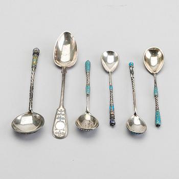 A set of six Russian silver and enamel spoons, around 1900 weight ca 195 gr.