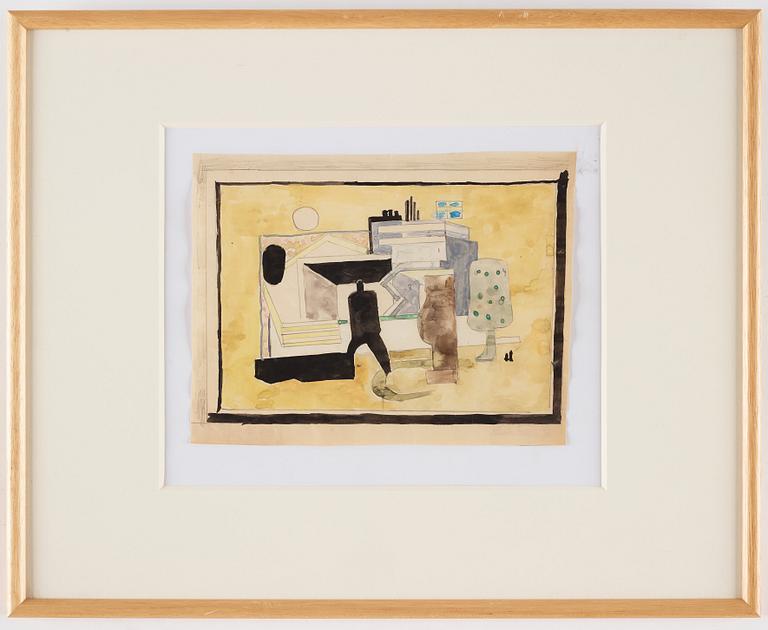 Ingegerd Torhamn, A CARPET AND A SKETCH, "Svensk-Amerika", knotted pile, gouache, the carpet ca 109 x 156 cm, the sketch ca 20x26 cm,
