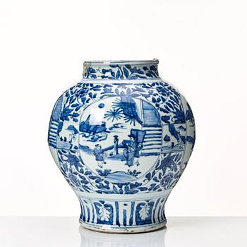 A large blue and white jar, Ming dynasty (1368-1644).